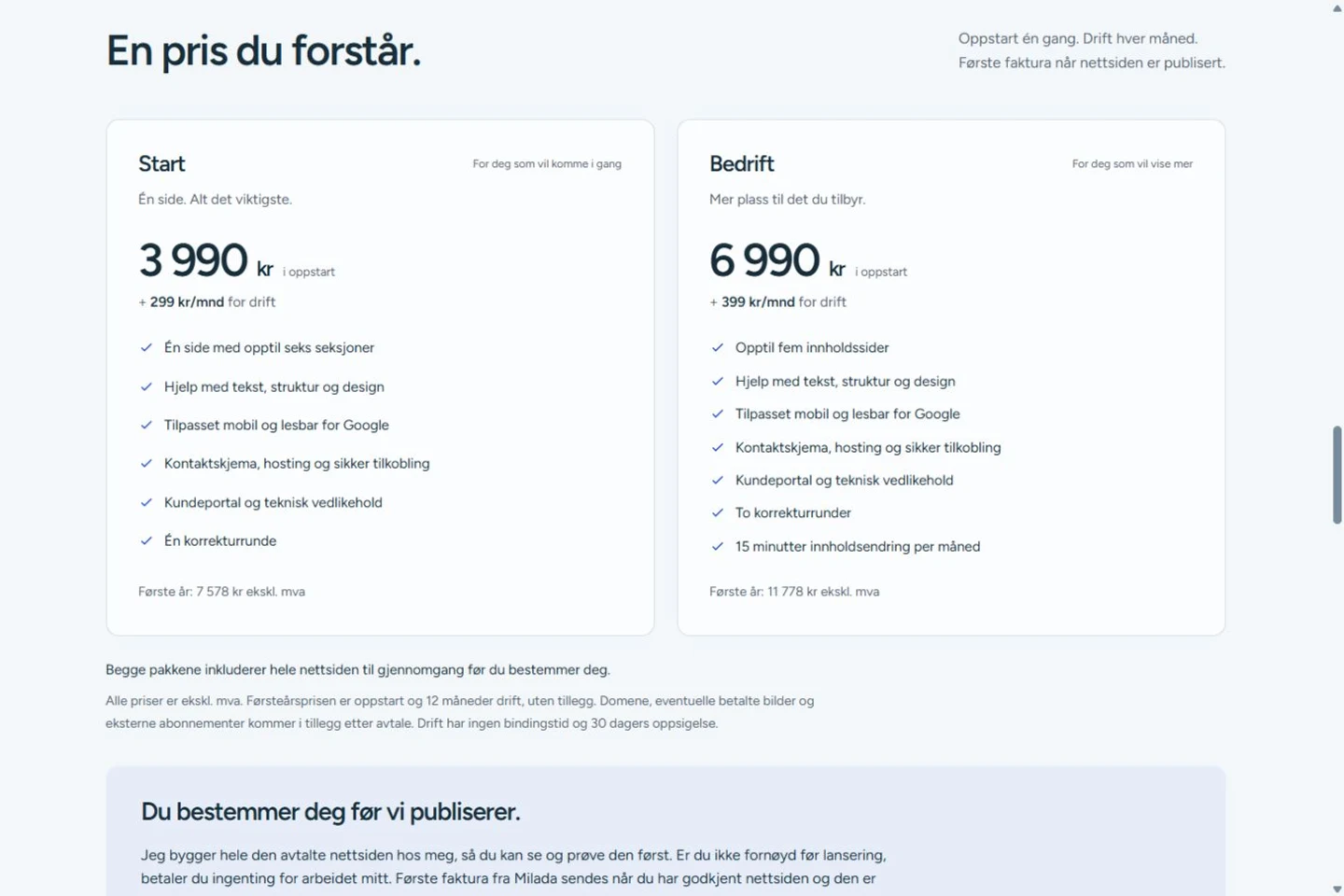 Skjermbilde av Miladas prisoversikt med pakkene Start og Bedrift.